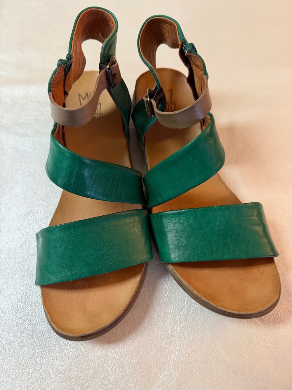 Miz Mooz Green Leather Cross-Strap Sandals with Brown Ankle Band